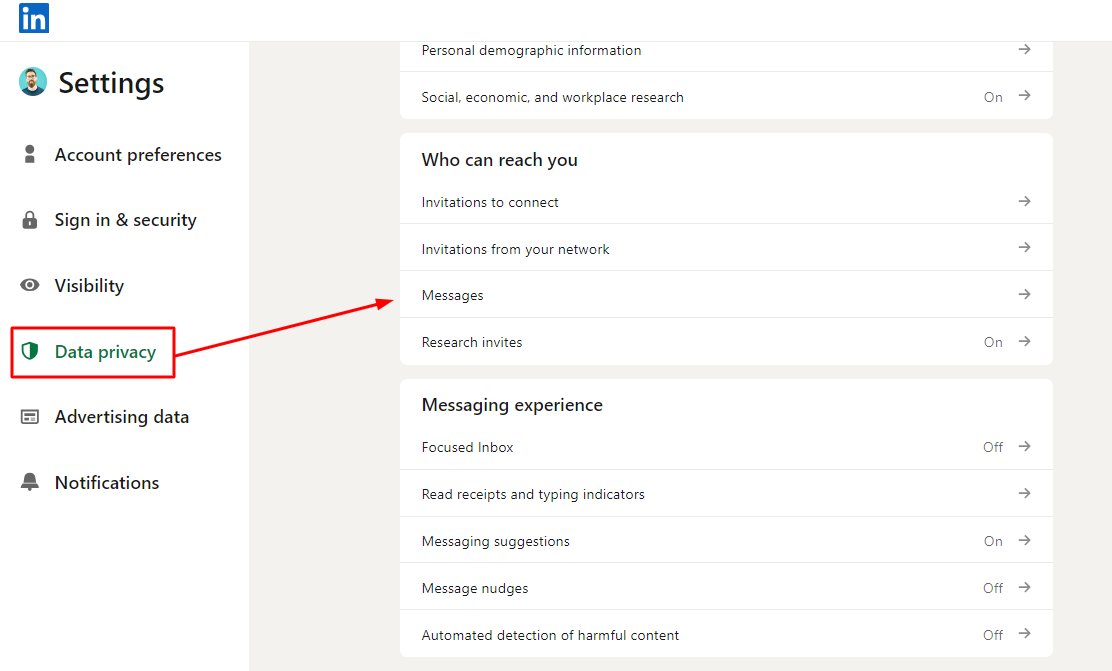 LinkedIn settings with the options for "Who can reach you" under Data Privacy